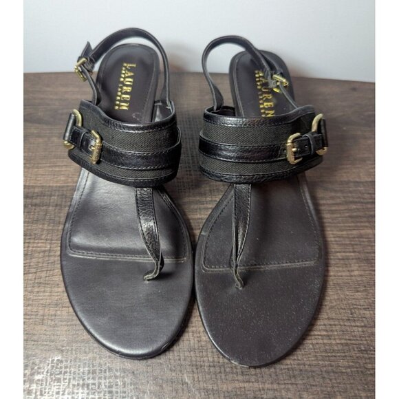 Ralph Lauren Womens Leather Adjustable Slingback T-Strap Thong Sandal Black 8 - Picture 2 of 11